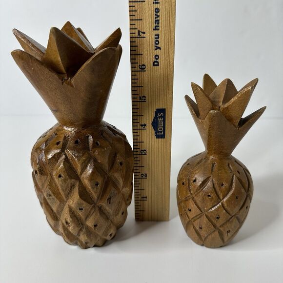 MCM 2 Hand Carved Pineapple Toothpick Holders Appetizer Cheese Kitchen 6" 8" Vtg - Picture 10 of 16